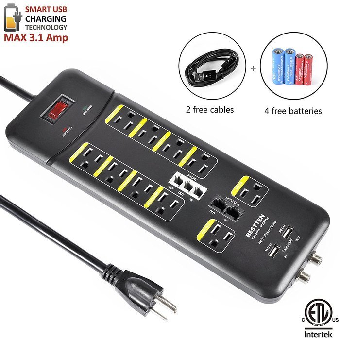 Bestten 10 Outlet All-In-One Surge Protector Power Center with 2 USB Ports (3.1A Total) and Phone / Ethernet /... N17