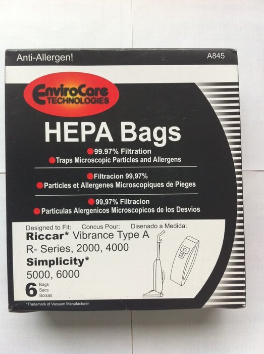 EnviroCare Technologies HEPA Bags Riccar Vibrance Type A R-Series, 2000, 4000, Simplicity 5000, 6000 Hepa Bags...
