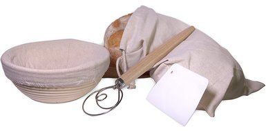 Banneton Bakers Set (4 pieces) - 8.66" Banneton Rattan Proofing Basket with Liner, Danish Dough Whisk, Dough Scraper... N3