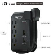 Bestten 3 Outlet Mini Travel Charger Surge Protector with Dual USB Charging Ports (shared 2.4A), 18in Cord, Portable... N7