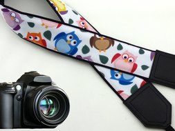 Owl camera strap. Colorful bird camera strap. Black DSLR / SLR Camera Strap. code 00026