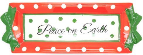 Peace on Earth 14" X 5.5" Ceramic Tray - Tidbit Dots and Bow