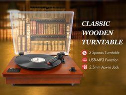 1byone Belt Driven Bluetooth Turntable with Built-in Stereo Speaker, Vintage Style Record Player, Vinyl-To-MP3... N6
