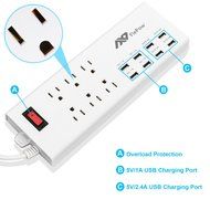 Power Strip, FlePow 1625W/13A 6-Outlet Surge Protector with 6 USB Charging Ports + 18 Pin Retractable Cable for... N14