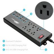 Power Strip, FlePow 1625W/13A 6-Outlet Surge Protector with 6 USB Charging Ports + 18 Pin Retractable Cable for... N15