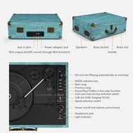 CMC Portable Bluetooth 3 Speed Turntable with Built in Stereo Speakers, Vintage Style Vinyl Record Player, Turquoise N8