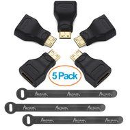 Aurum Cables Right Angle L Shape HDMI Male to HDMI Female Adapters - Black - Pack of 5 + 3 Cable Ties N14