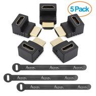 Aurum Cables Right Angle L Shape HDMI Male to HDMI Female Adapters - Black - Pack of 5 + 3 Cable Ties N19