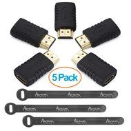 Aurum Cables Right Angle L Shape HDMI Male to HDMI Female Adapters - Black - Pack of 5 + 3 Cable Ties N26