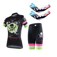 Ophelia Women Short Sleeve Cycling Jersey Pant Set+arm Sleeves(Skull,S) N103