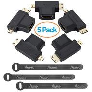 Aurum Cables Right Angle L Shape HDMI Male to HDMI Female Adapters - Black - Pack of 5 + 3 Cable Ties N28