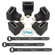 Aurum Cables Right Angle L Shape HDMI Male to HDMI Female Adapters - Black - Pack of 5 + 3 Cable Ties N38