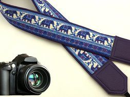 InTePro padded Lucky Elephants camera strap. Ethnic camera strap. Dark purple DSLR / SLR Camera Strap with Indian...