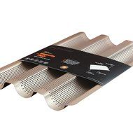 MyLifeUNIT Non Stick 3 Perforated Baguette Pan, Heavy Duty Carbon Steel French Loaf Pan Bread Pan, Gold N2