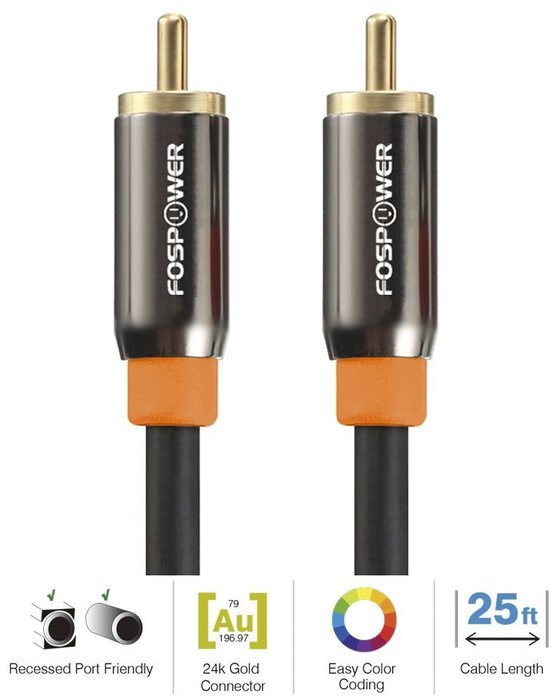 FosPower (25 Feet) RCA Male to RCA Male [24K Gold Plated Connectors] Premium S/PDIF Digital Audio Coax Cable for... N2