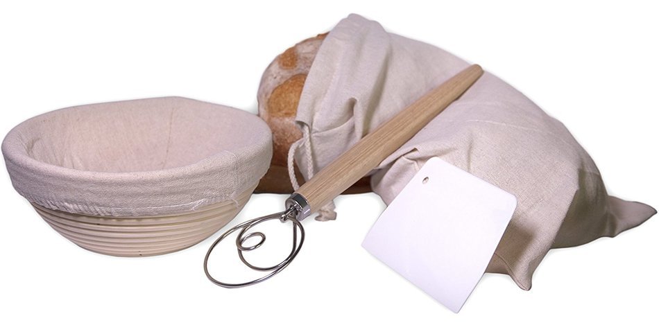 Banneton Bakers Set (4 pieces) - 8.66" Banneton Rattan Proofing Basket with Liner, Danish Dough Whisk, Dough Scraper... N3