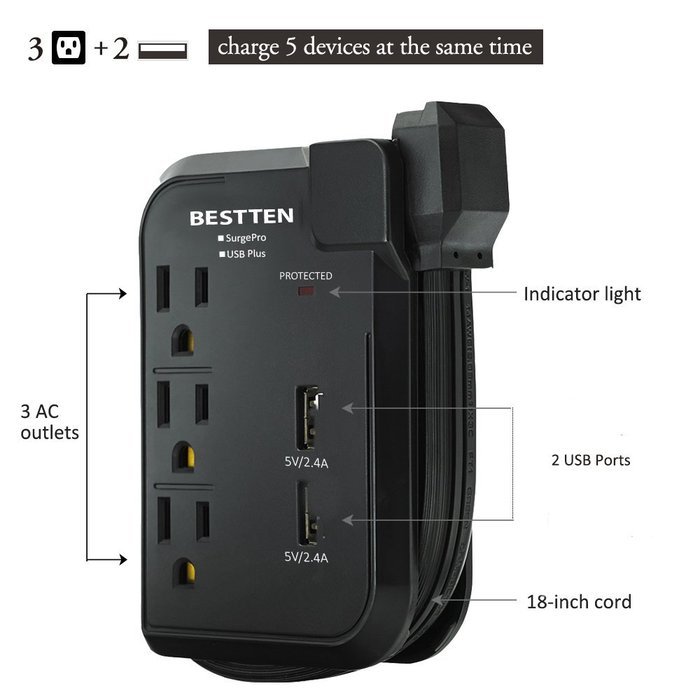 Bestten 3 Outlet Mini Travel Charger Surge Protector with Dual USB Charging Ports (shared 2.4A), 18in Cord, Portable... N7