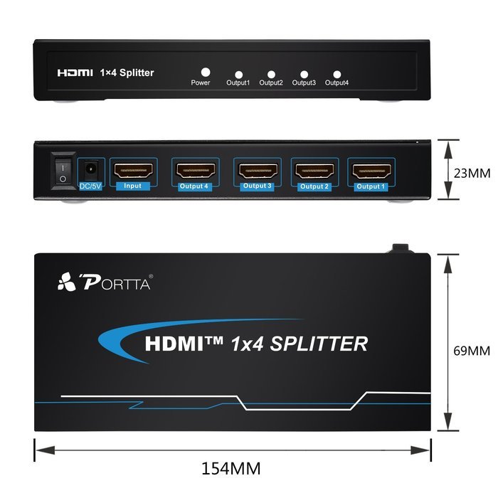 Portta PET0104 HDMI Splitter 4 Port 1x4 v1.3 support Full HD 3D 1080p Deep Color HD Audio Real HDMI N9