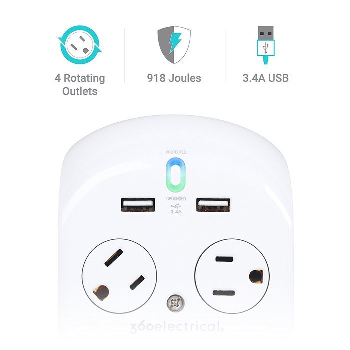 360 Electrical 36038 Revolve Surge Protector with 4 Rotating Outlets and 3.4 Amp/17W USB Charging N4