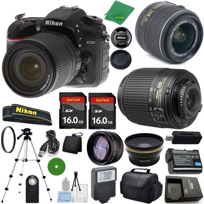 Nikon D7200 - International Version (No Warranty), 18-55mm f/3.5-5.6 DX VR, Nikon 55-200mm f4-5.6G ED DX Nikkor... N2