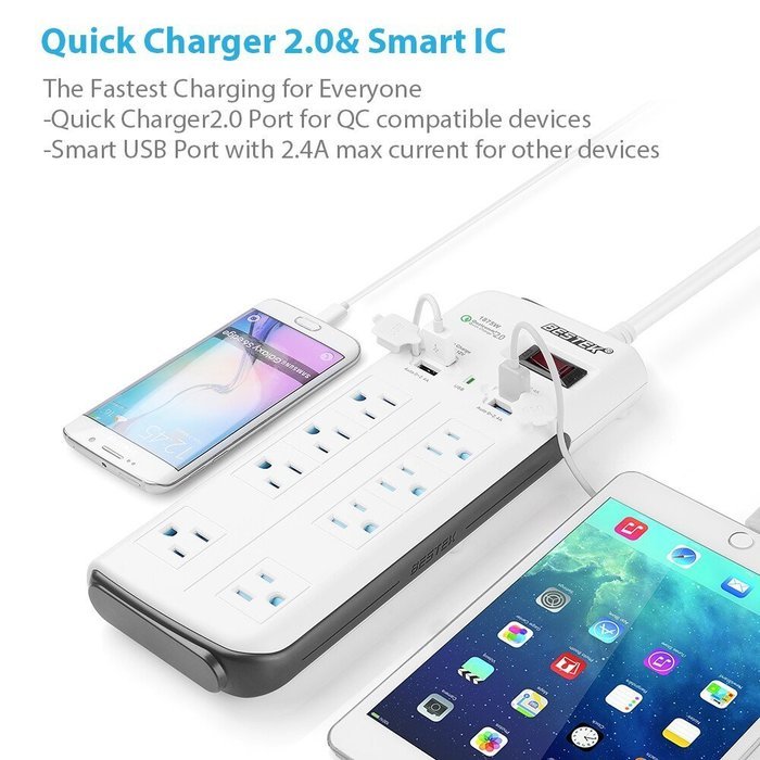 BESTEK 8-Outlet Surge Protector Power Strip 6.6-Foot with 7.5A 4-Port USB Charging Station N3