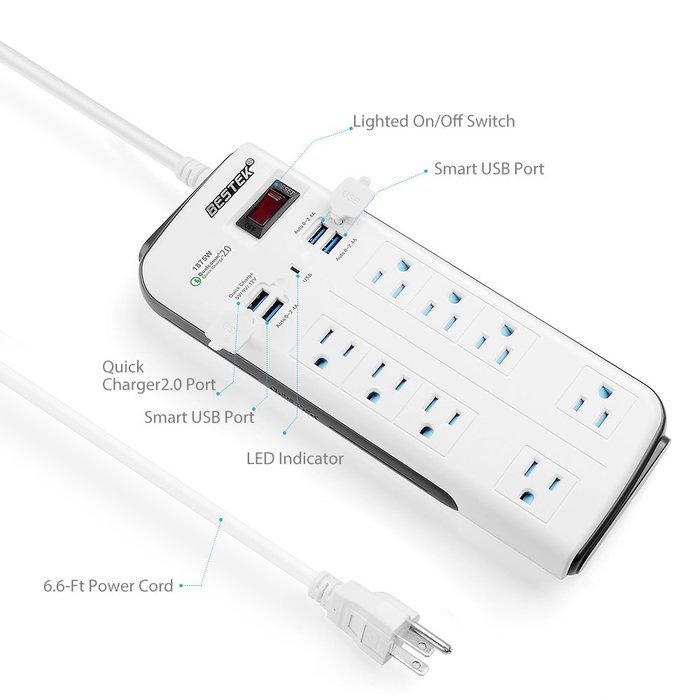 BESTEK 8-Outlet Surge Protector Power Strip 6.6-Foot with 7.5A 4-Port USB Charging Station N4