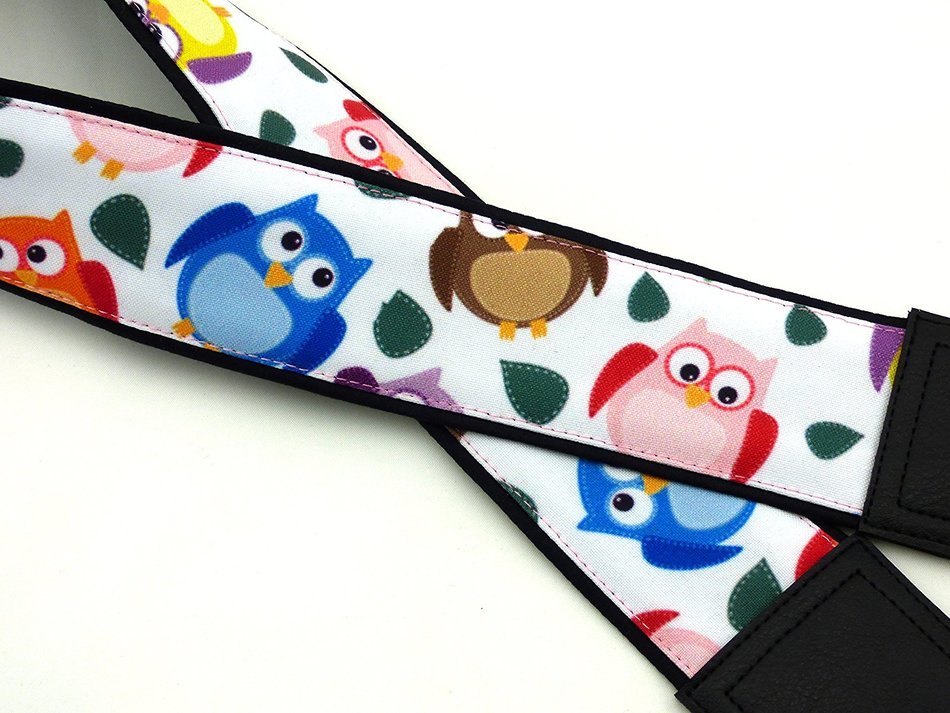 Owl camera strap. Colorful bird camera strap. Black DSLR / SLR Camera Strap. code 00026 N2