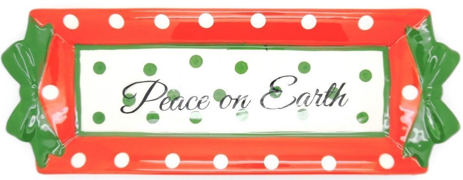 Peace on Earth 14" X 5.5" Ceramic Tray - Tidbit Dots and Bow
