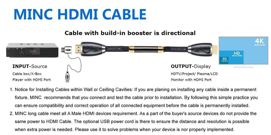 Minc High Speed HDMI Cable 25Ft (7.6m) -26AWG,CL3,HDMI 2.0 -Supports 4K 3D and ARC with Ethernet -24K Gold Plated... N13