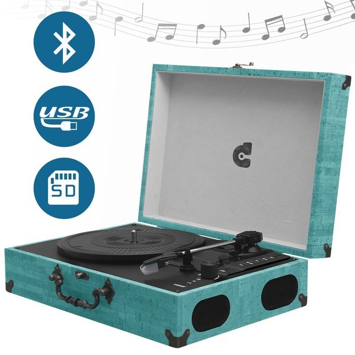 CMC Portable Bluetooth 3 Speed Turntable with Built in Stereo Speakers, Vintage Style Vinyl Record Player, Turquoise N3
