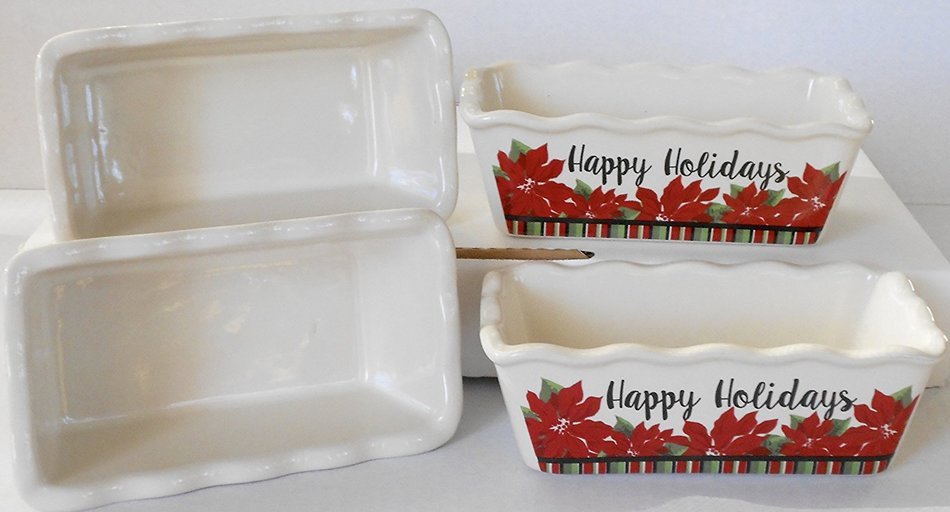 Christmas Stoneware Mini Loaf Pans - 4 Pan Bundle with Scalloped Edges ('On the Nice List Until Proven Naughty... N2