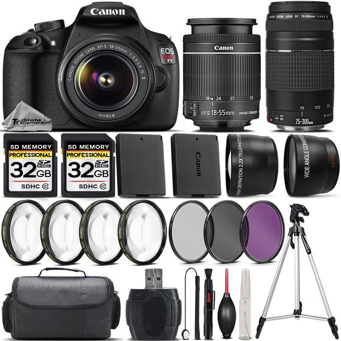 Canon EOS Rebel T5 DSLR Camera + Canon EF-S 18-55mm f/3.5-5.6 IS II Lens + Canon 75-300mm Lens + 0.43X Wide Angle...