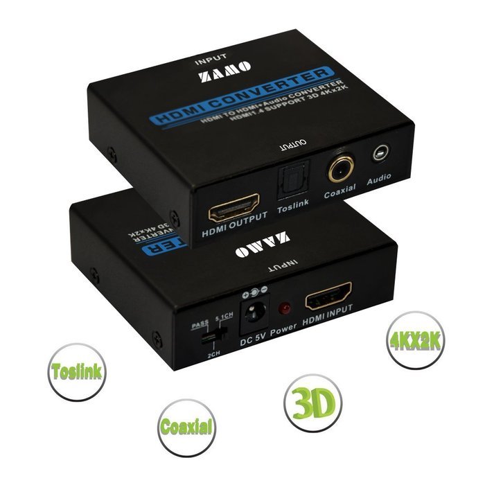 ZAMO HDMI Audio Extractor Support Ultra HD | 4K X 2K with Toslink Optica+Coaxial+3.5mm+ RCA R/L Audio Output Converter... N5