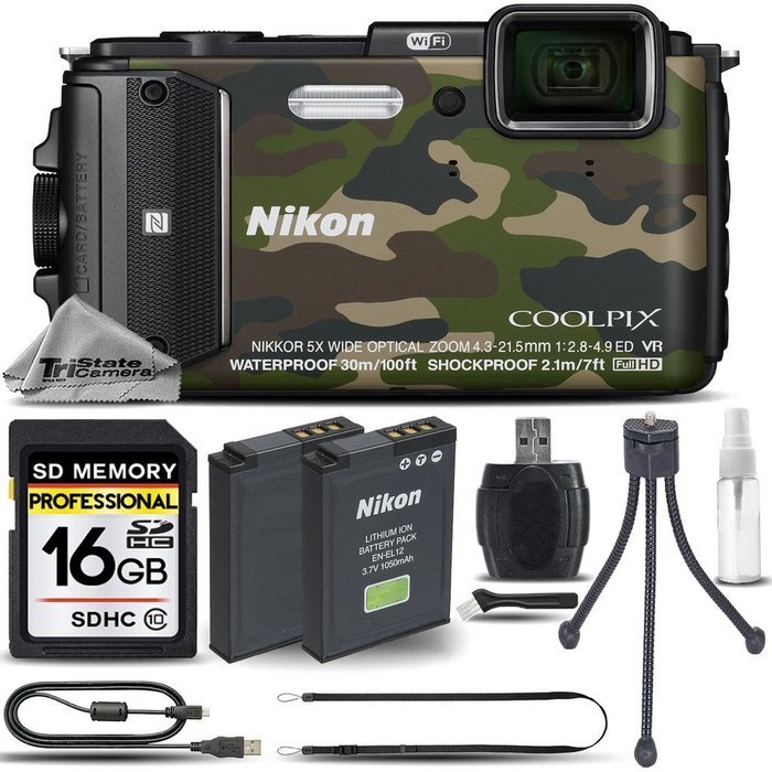 Nikon COOLPIX AW130 16MP Waterproof Digital Built-In Wi-Fi, NFC, GPS Camera (Camouflage) + 16GB Memory Card +...