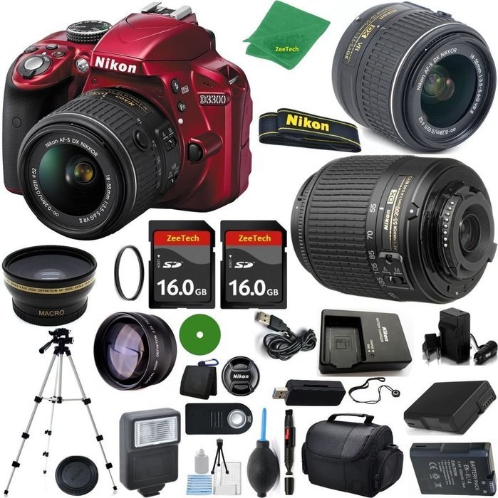 Nikon D3300 Red - International Version (No Warranty), 18-55mm f/3.5-5.6 DX VR, Nikon 55-200mm f4-5.6G ED DX,...