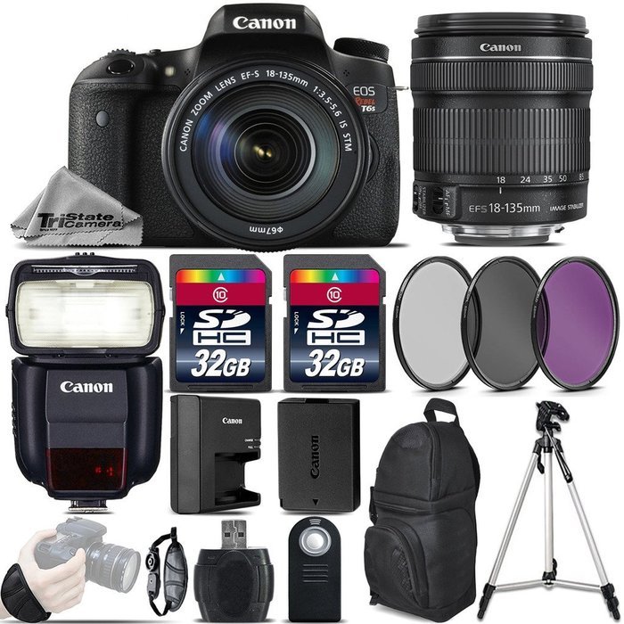 Canon EOS Rebel T6s DSLR Camera + Canon 18-135mm IS STM Lens + Canon Speedlite 430EX III RT + 64GB Storage + UV-CPL-FLD...