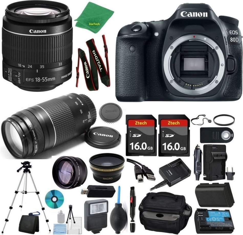 Canon EOS 80D Camera + 18-55mm IS STM + 75-300mm III + 2pcs 16GB Memory + Case + Memory Reader + Tripod + Starter...
