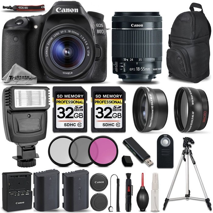 Canon EOS 80D Wi-Fi Full HD 1080P Digital SLR Camera + Canon 18-55mm IS STM Lens + .43x Wide Angle Lens + 2.2X... N3