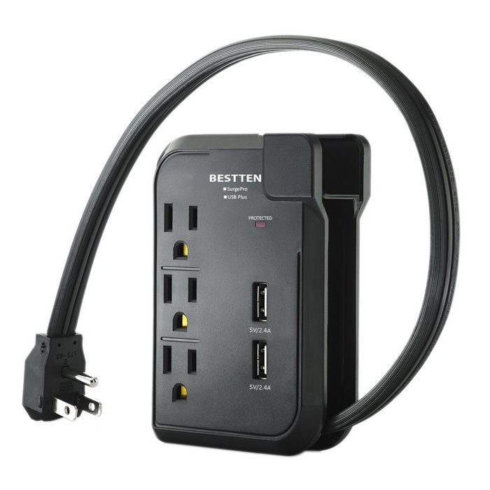 Bestten 3 Outlet Mini Travel Charger Surge Protector with Dual USB Charging Ports (shared 2.4A), 18in Cord, Portable... N10