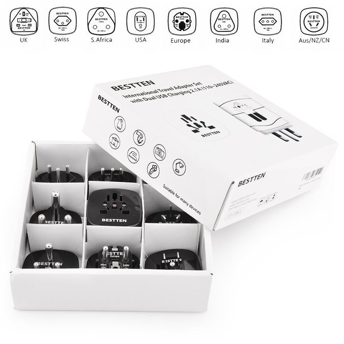 Bestten 3 Outlet Mini Travel Charger Surge Protector with Dual USB Charging Ports (shared 2.4A), 18in Cord, Portable... N12