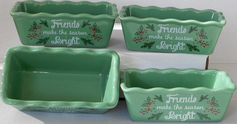 Christmas Stoneware Mini Loaf Pans - 4 Pan Bundle with Scalloped Edges ('On the Nice List Until Proven Naughty... N3