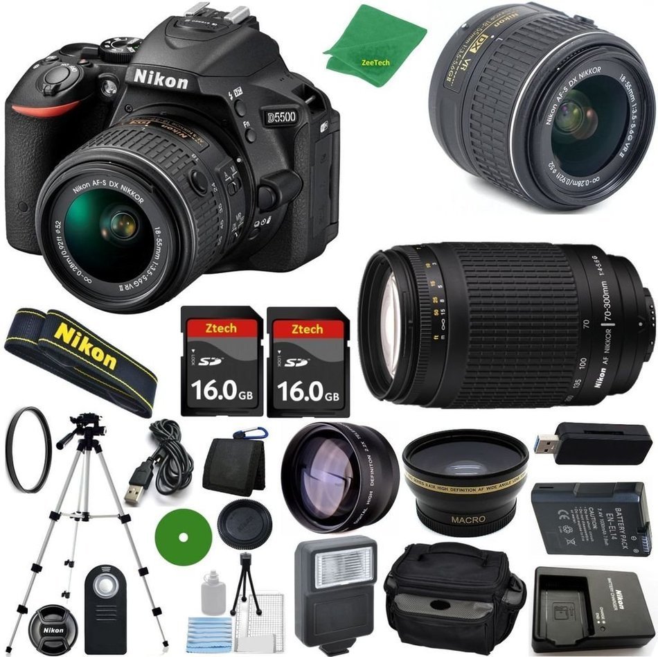 Nikon D5500 - International Version (No Warranty), 18-55mm f/3.5-5.6 DX VR, Nikon 70-300mm f/4-5.6G, 2pcs 16GB...