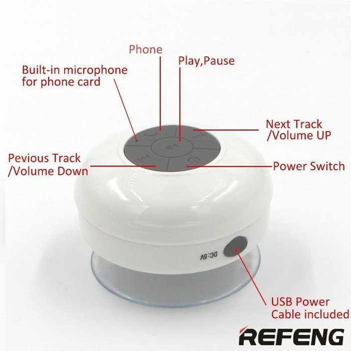 ReFeng RF510 HD Water Resistant Bluetooth 3.0 Shower Speaker with CE&ROHS Certificate (UV White) N6