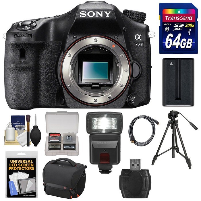 Sony Alpha A77 II Wi-Fi Digital SLR Camera Body with 64GB Card + Battery + Case + Tripod + Flash + Kit
