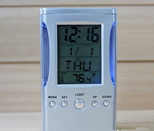 SIS 7-Color changing Plastic Pen holder with Calendar ,Digital Alarm Clock, thermometer and Timer-Silver N3