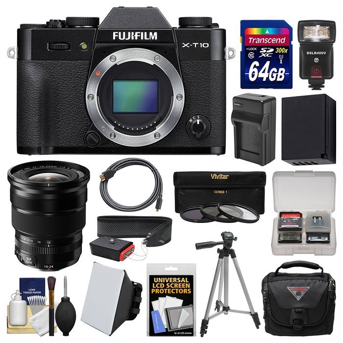 Fujifilm X-T10 Digital Camera Body (Black) & 10-24mm f/4 Lens with 64GB Card + Case + Flash + Soft Box + Battery...