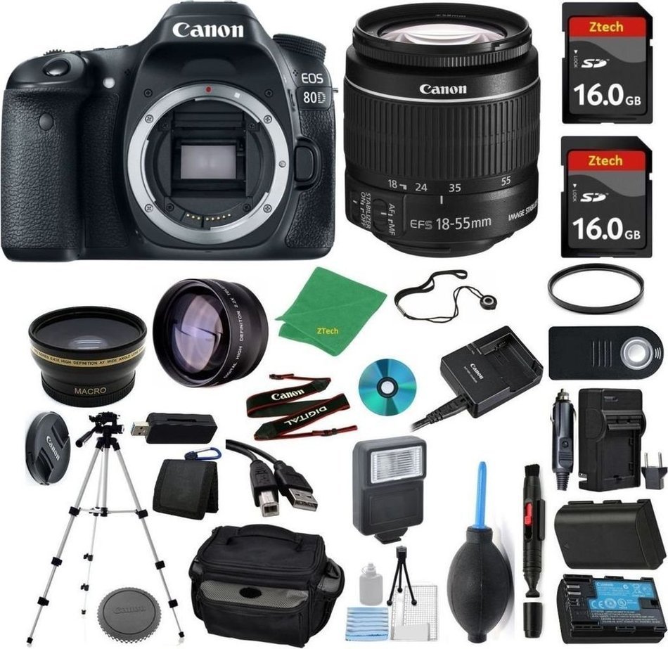 Canon EOS 80D Camera + 18-55mm STM + 2pcs ZeeTech 16GB Memory + Case + Reader + Tripod + Starter Set + Wide Angle...