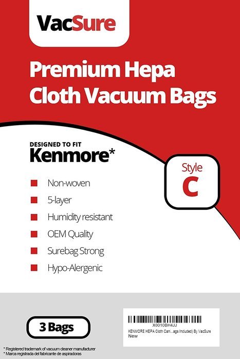 KENMORE HEPA Cloth Canister Vacuum Bags Type C - (3 Bags Included) By VacSure