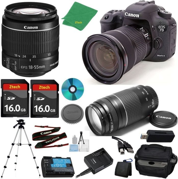 Canon EOS 7D Mark II Camera with 18-55mm IS STM Lens + 75-300mm III Zoom + 2pcs 16GB Memory + Camera Case + Card...