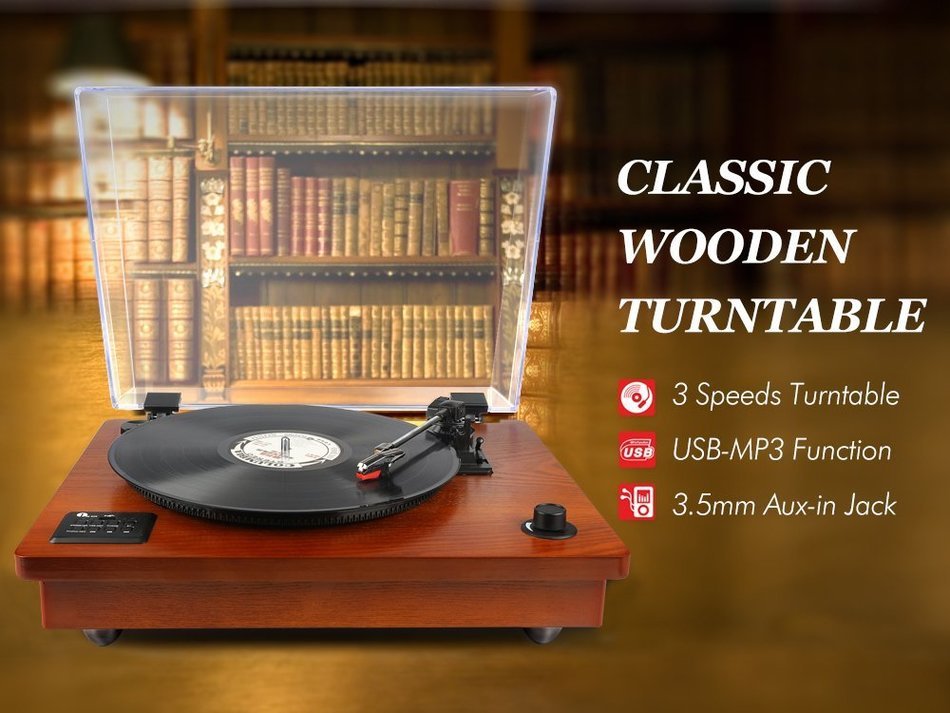 1byone Belt Driven Bluetooth Turntable with Built-in Stereo Speaker, Vintage Style Record Player, Vinyl-To-MP3... N6